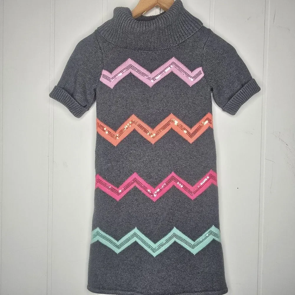 Gymboree Sweater Dress Kids 9 Gray Sequin Chevron Cowl Preppy Holiday Sparkle‎